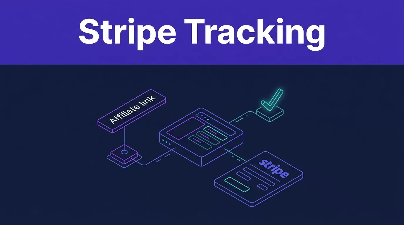 An affiliate link connects tracking software to a payment record with a glowing checkmark.
