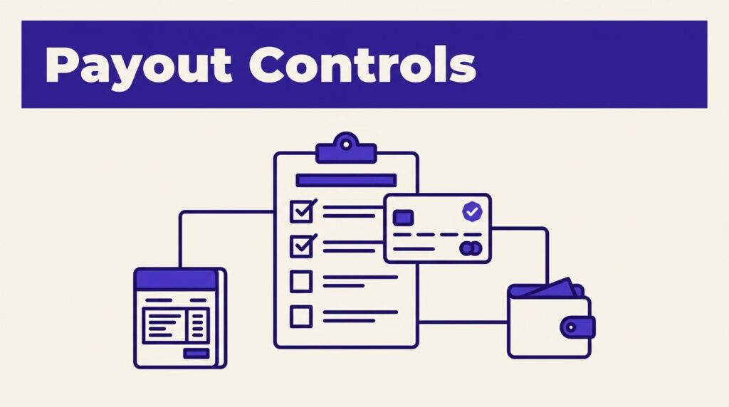 Payout checklist linked to a payment card, ledger, and partner wallet.