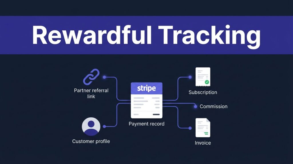 SaaS attribution dashboard linking a payment record to referral and commission nodes.