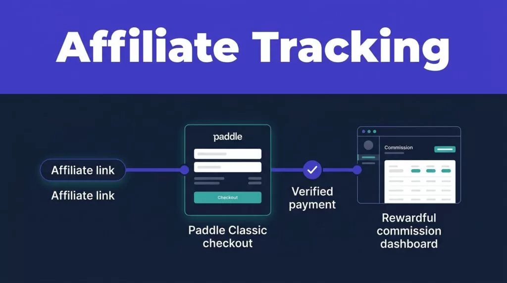 Affiliate link flows through checkout to a commission dashboard with a payment checkmark.