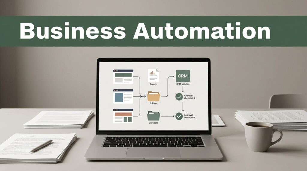 Laptop showing a business workflow on a consulting desk with papers and coffee.