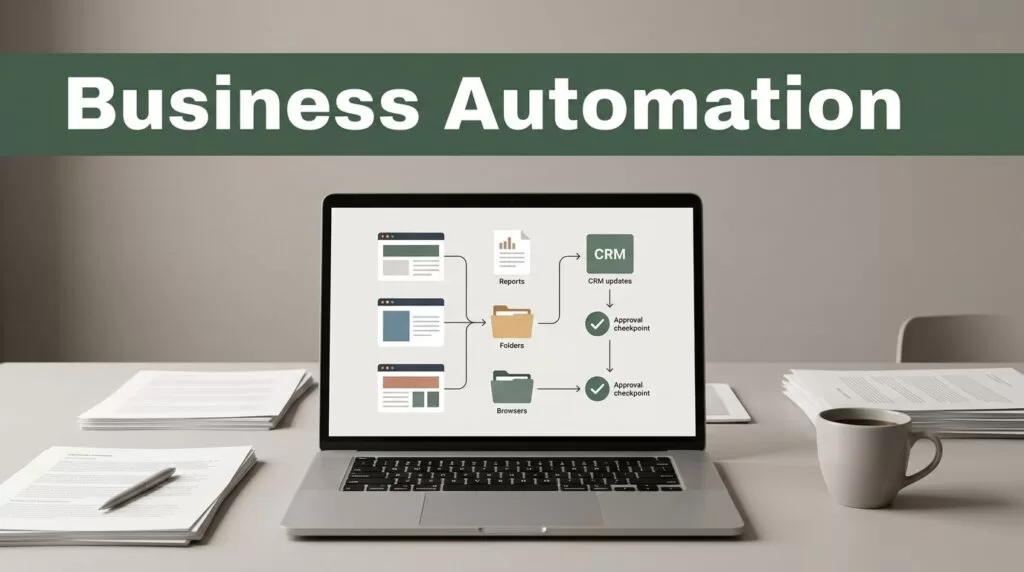 Laptop showing a business workflow on a consulting desk with papers and coffee.