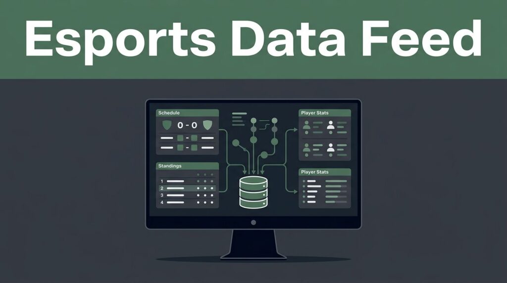 Monitor showing esports schedules, statistics, and data connections on a dark background.