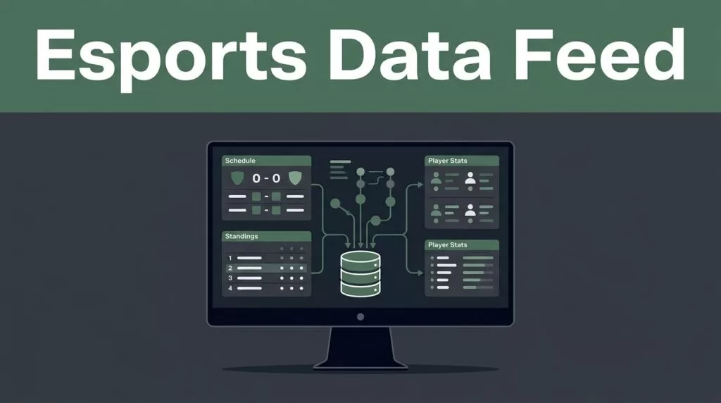 Monitor showing esports schedules, statistics, and data connections on a dark background.