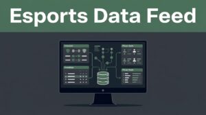 Monitor showing esports schedules, statistics, and data connections on a dark background.