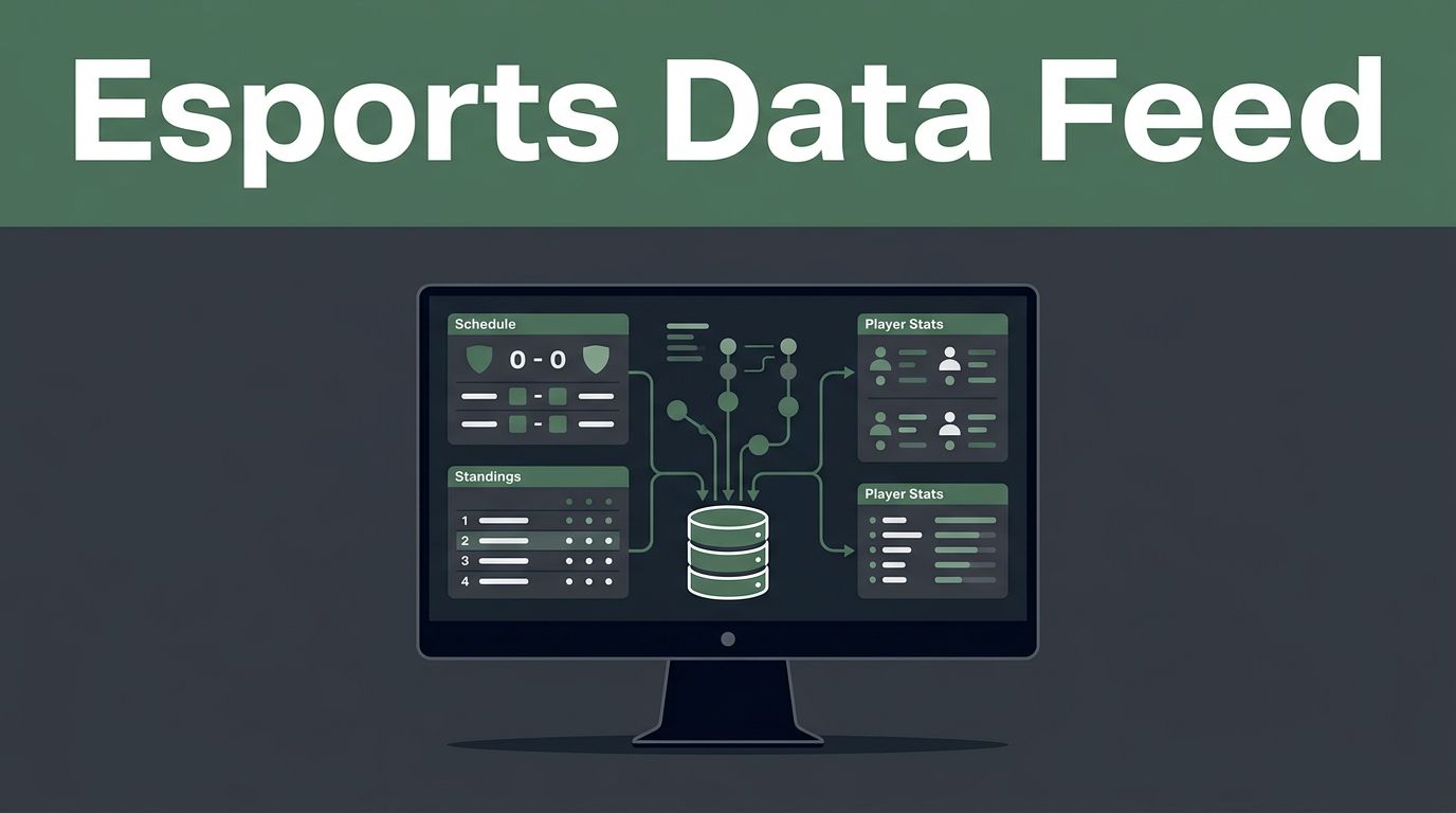 Monitor showing esports schedules, statistics, and data connections on a dark background.