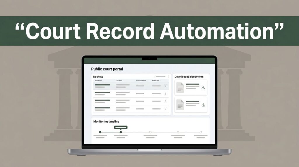 Laptop displaying court records, downloaded documents, and a monitoring timeline.