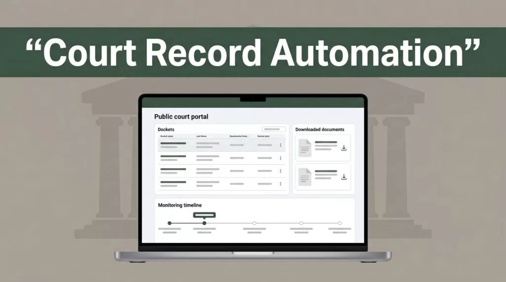 Laptop displaying court records, downloaded documents, and a monitoring timeline.