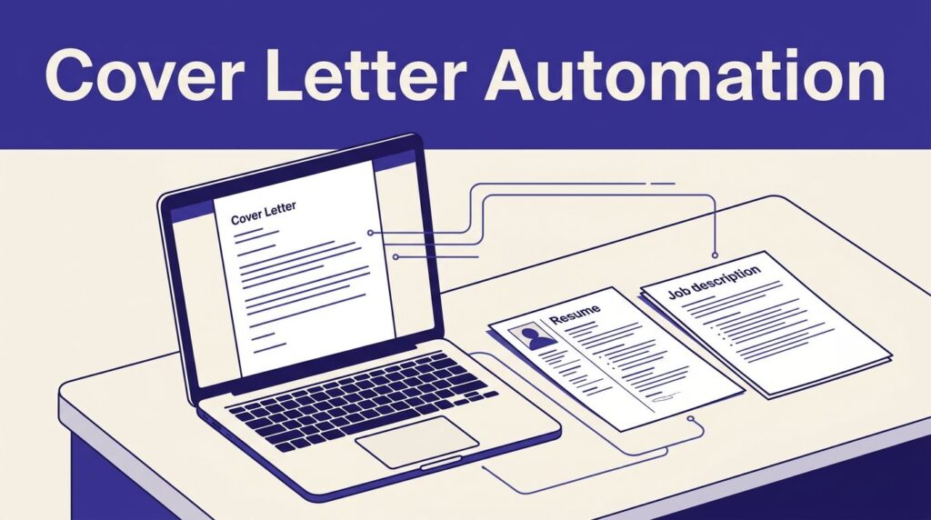 Laptop with a cover letter, resume, and job description beneath an indigo headline.