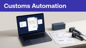 Laptop showing a document workflow beside shipping papers, a barcode scanner, and a container model.
