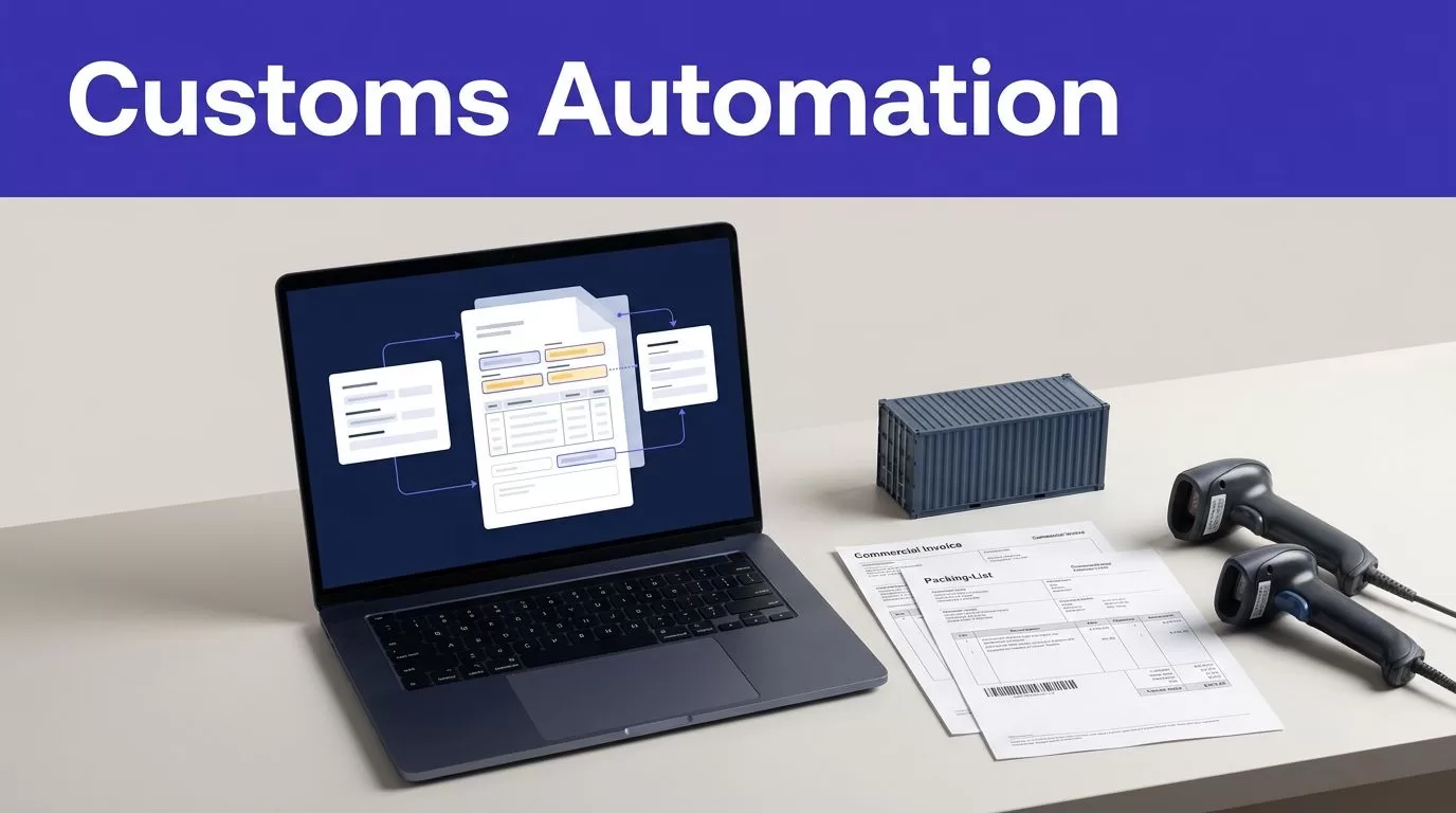 Laptop showing a document workflow beside shipping papers, a barcode scanner, and a container model.