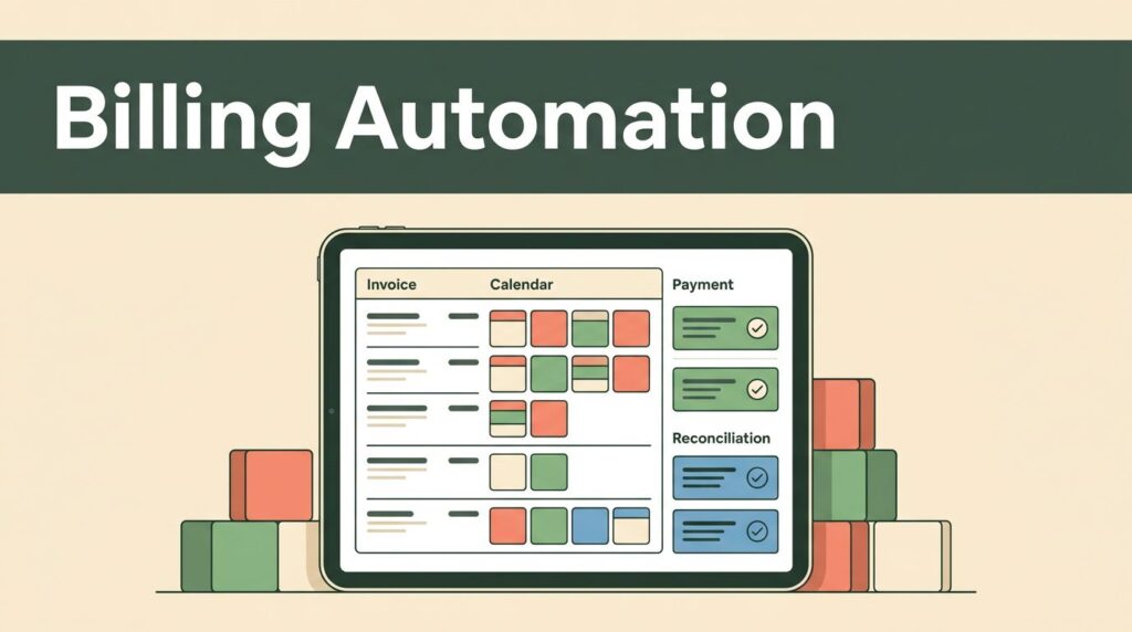 Tablet showing an organized daycare billing workflow beneath a green Billing Automation headline.