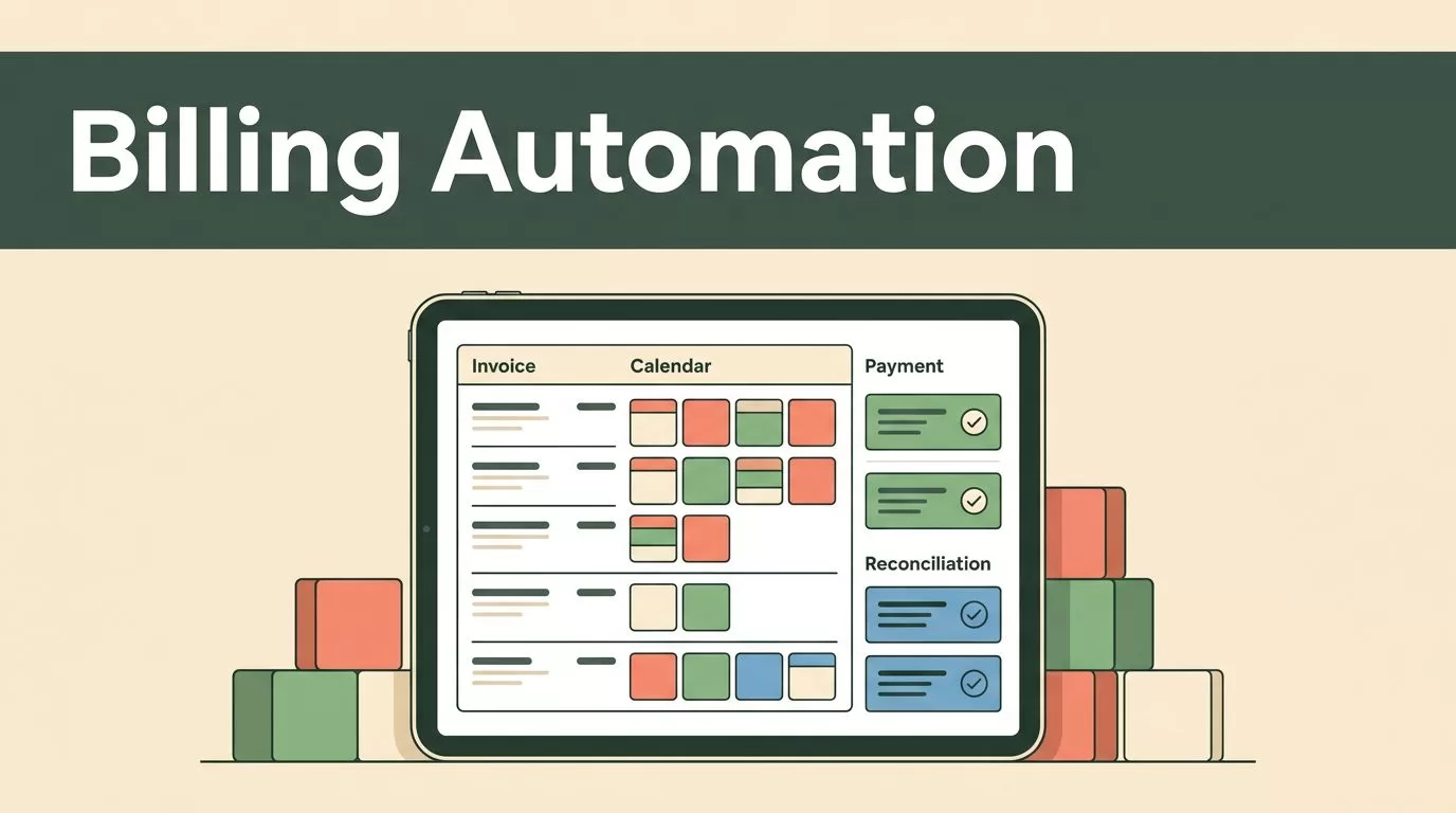 Tablet showing an organized daycare billing workflow beneath a green Billing Automation headline.
