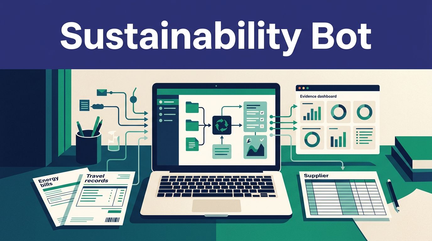 A laptop organizes energy, travel, and supplier records into a sustainability evidence dashboard.