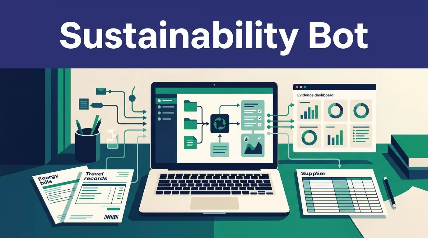 A laptop organizes energy, travel, and supplier records into a sustainability evidence dashboard.