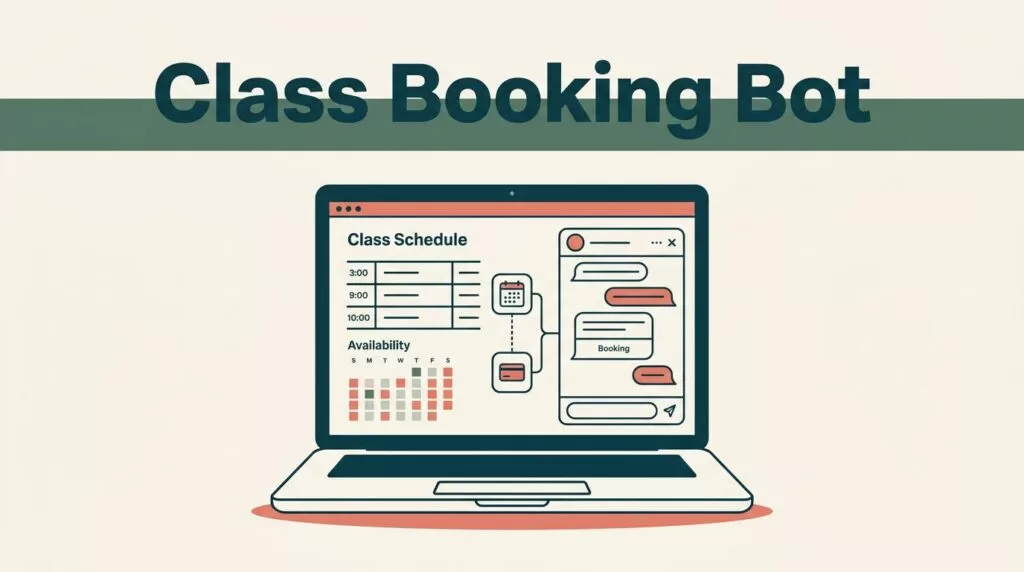 Laptop showing a class schedule, calendar, and booking chat interface.
