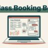 Laptop showing a class schedule, calendar, and booking chat interface.
