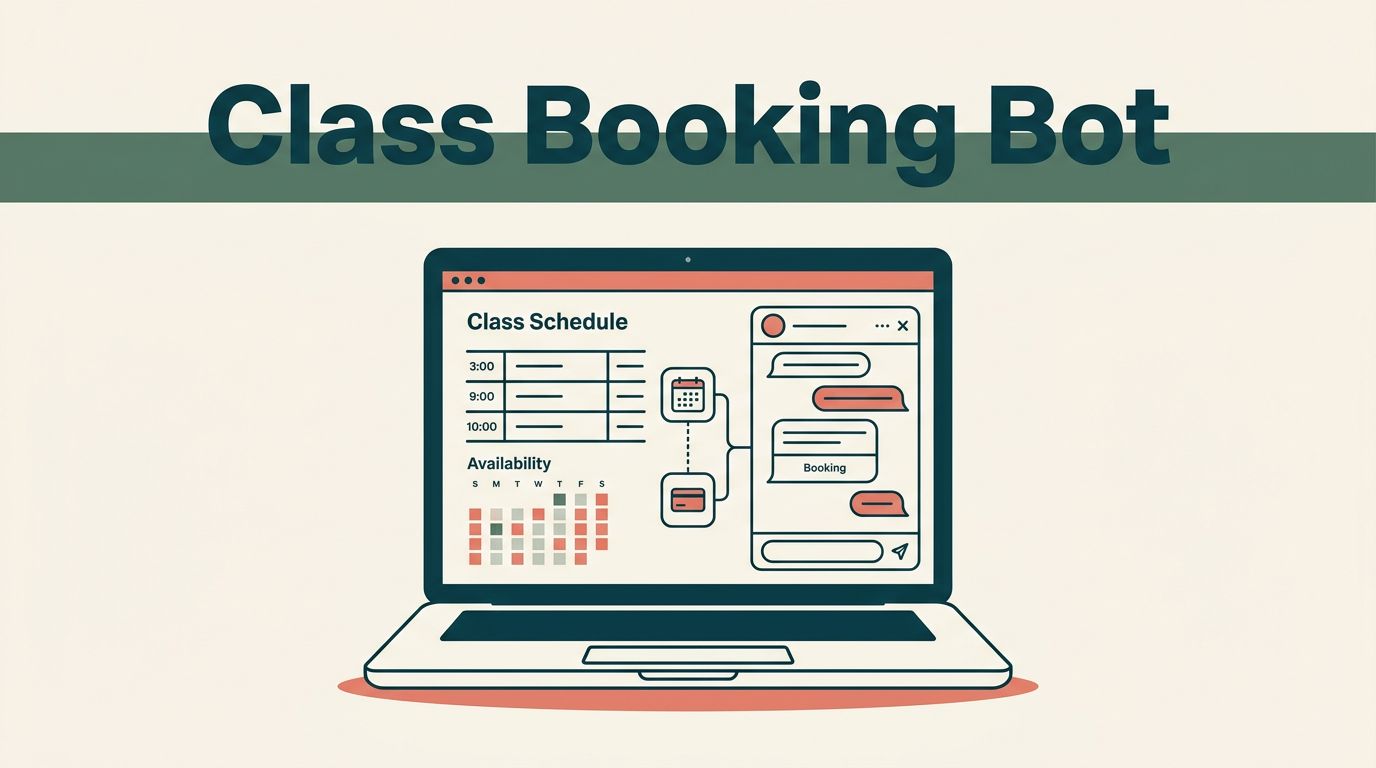 Laptop showing a class schedule, calendar, and booking chat interface.