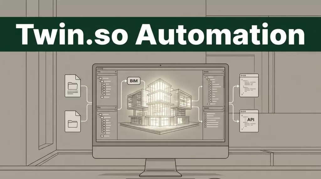 A BIM building model on a monitor connects to workflow and file panels.