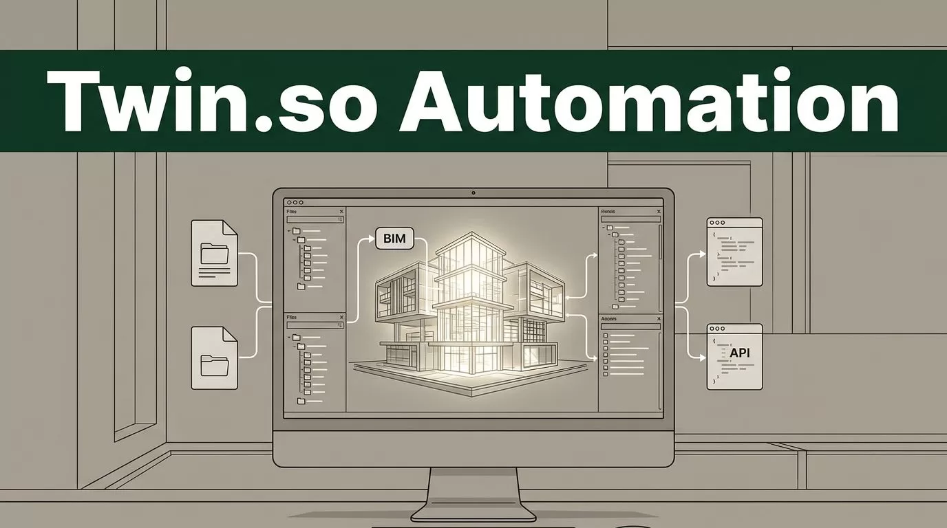 A BIM building model on a monitor connects to workflow and file panels.