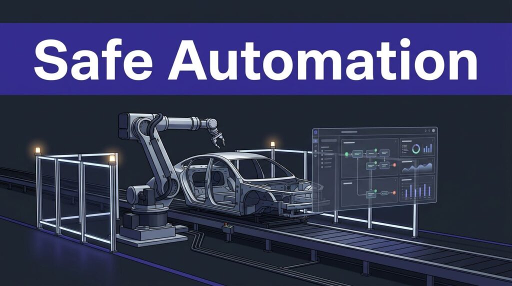 A robotic arm beside a vehicle chassis with safety barriers and a digital workflow dashboard.