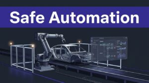 A robotic arm beside a vehicle chassis with safety barriers and a digital workflow dashboard.