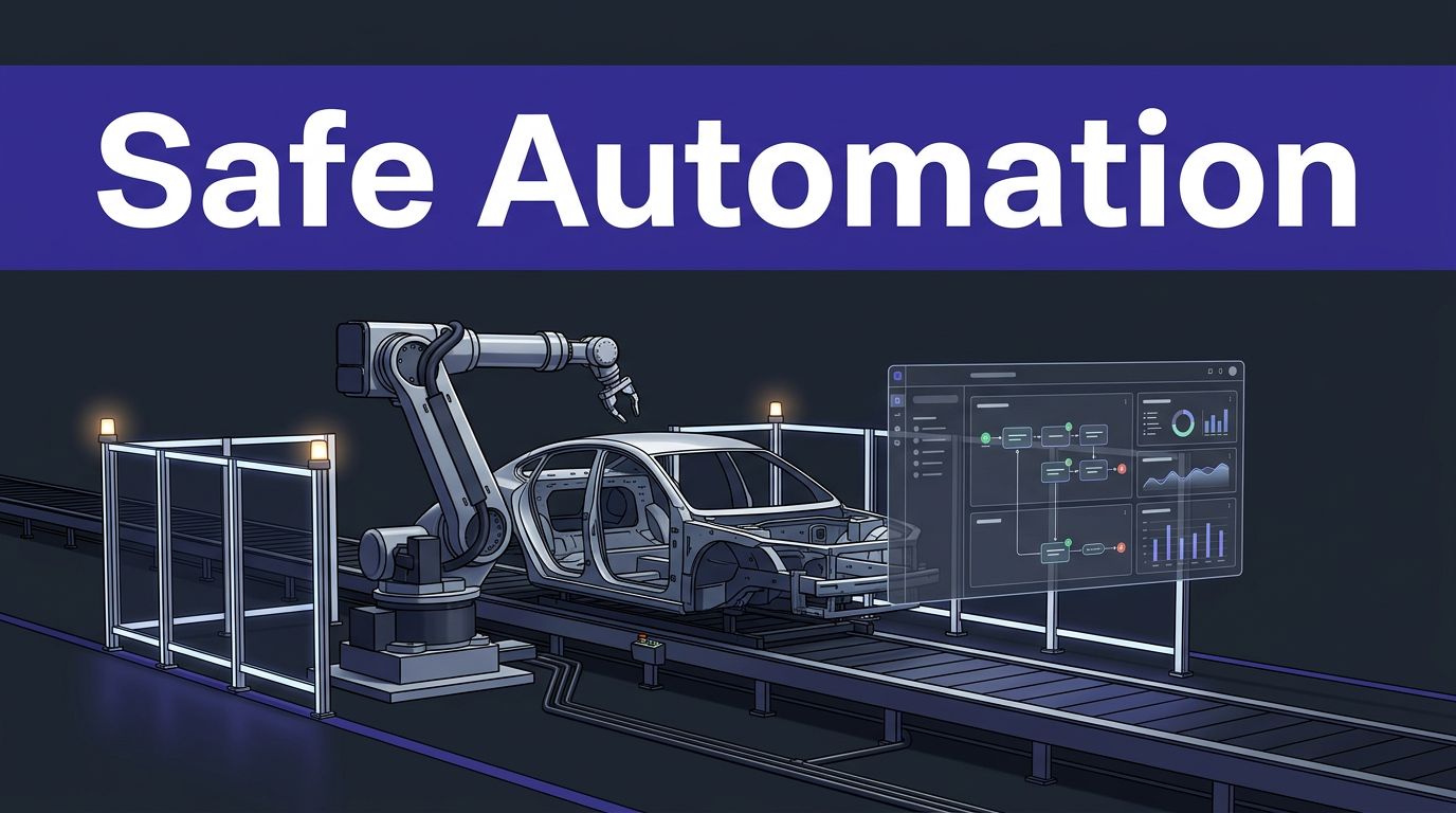 A robotic arm beside a vehicle chassis with safety barriers and a digital workflow dashboard.