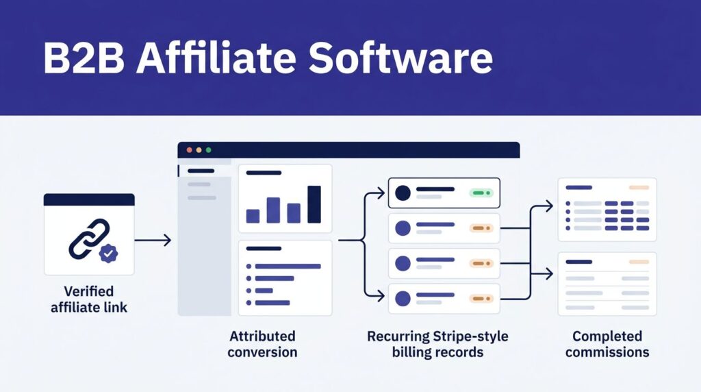 An indigo banner sits above a dashboard showing affiliate referrals, billing, and payouts.