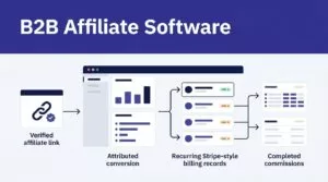 An indigo banner sits above a dashboard showing affiliate referrals, billing, and payouts.