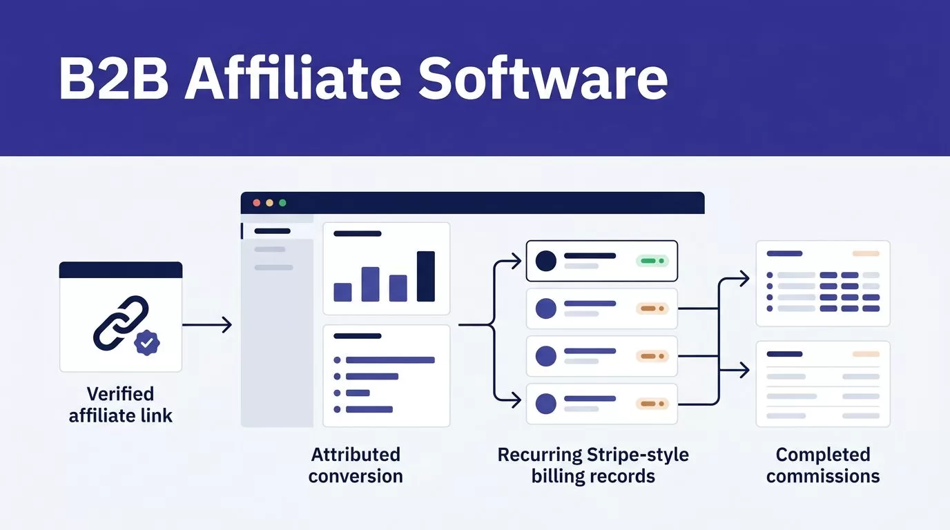An indigo banner sits above a dashboard showing affiliate referrals, billing, and payouts.