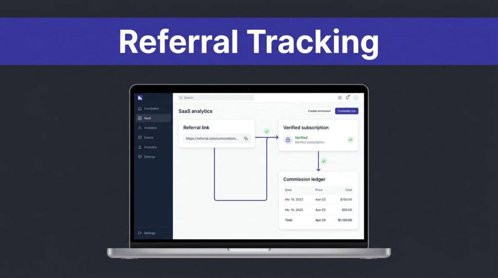 Laptop showing referral analytics, subscription verification, and commission tracking.