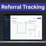 Laptop showing referral analytics, subscription verification, and commission tracking.