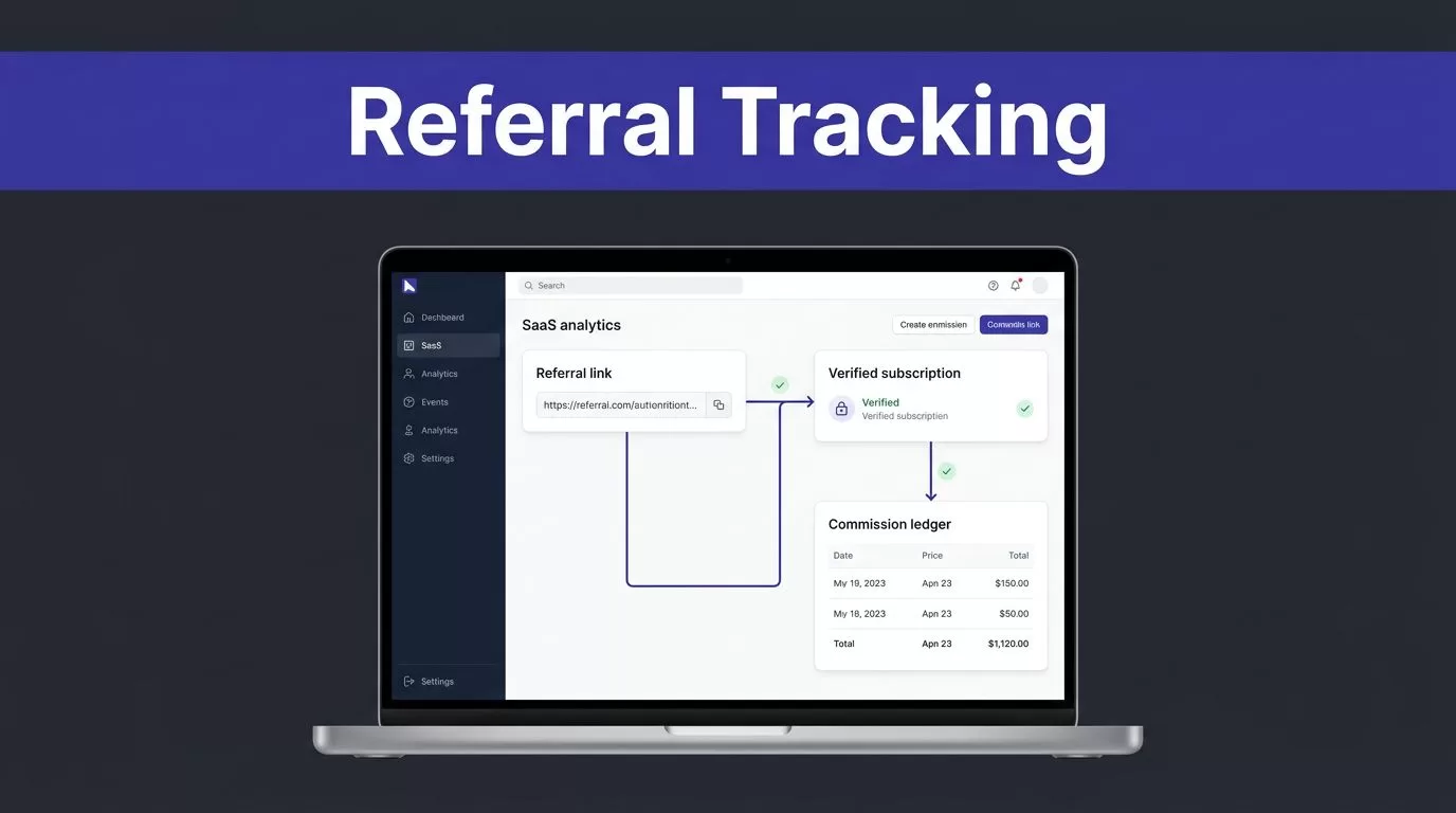 Laptop showing referral analytics, subscription verification, and commission tracking.