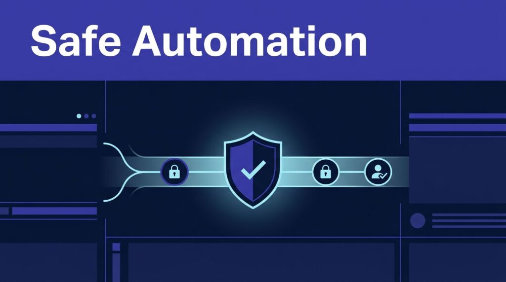 A navy control room interface shows a glowing workflow, shield checkpoint, and locked data nodes.