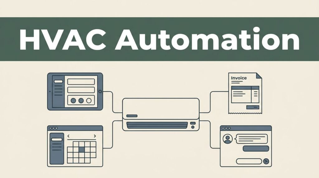 HVAC control unit linked to tablet, calendar, invoice, and customer panels.
