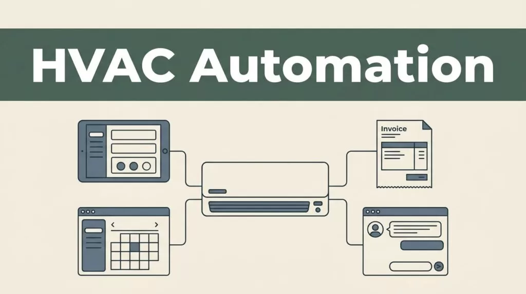 HVAC control unit linked to tablet, calendar, invoice, and customer panels.