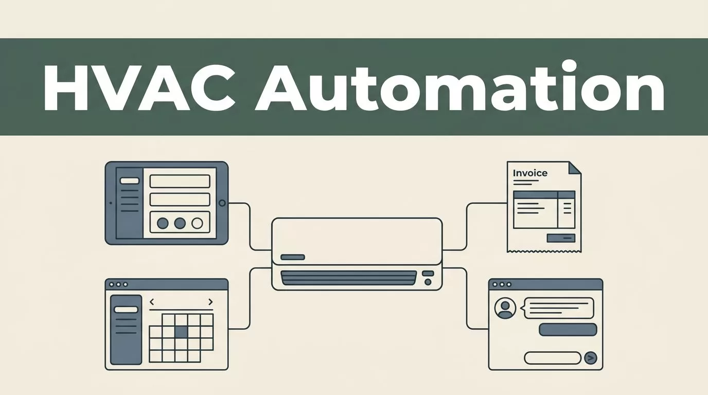 HVAC control unit linked to tablet, calendar, invoice, and customer panels.
