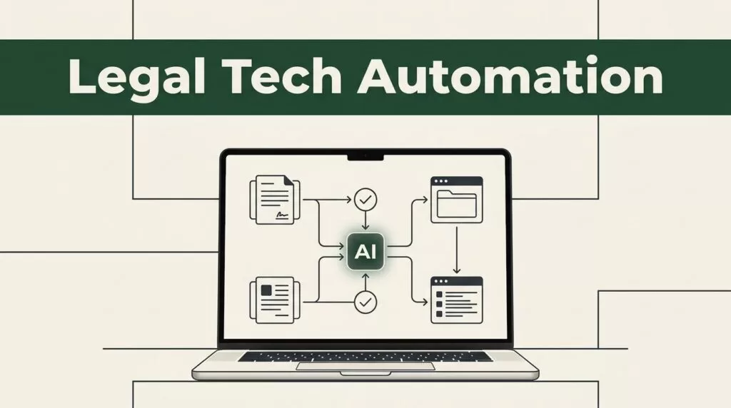 Laptop showing an automated legal workflow beneath a dark-green banner.