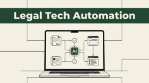 Laptop showing an automated legal workflow beneath a dark-green banner.