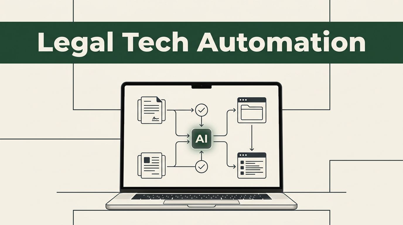 Laptop showing an automated legal workflow beneath a dark-green banner.