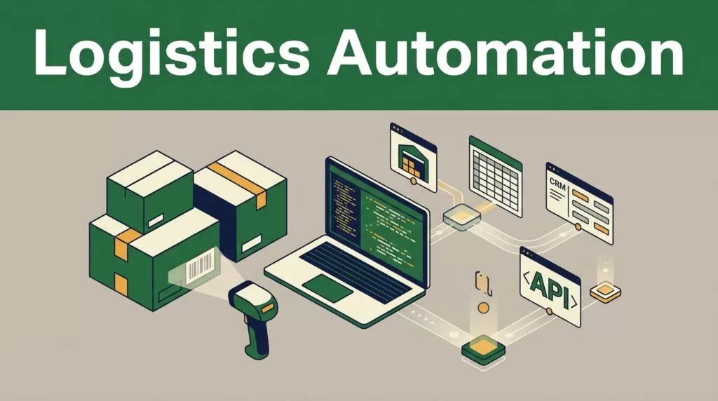 Boxes, a scanner, and laptop connected by data lines beneath a green Logistics Automation header.