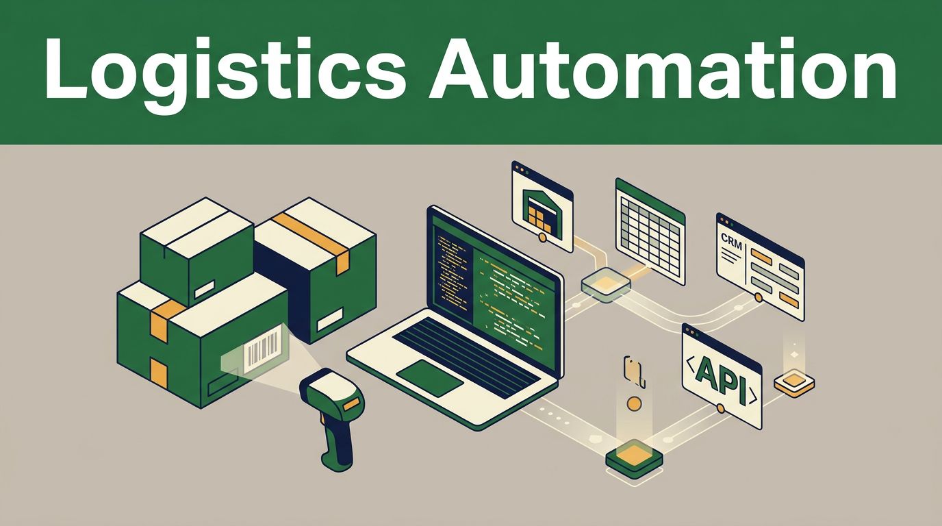 Boxes, a scanner, and laptop connected by data lines beneath a green Logistics Automation header.