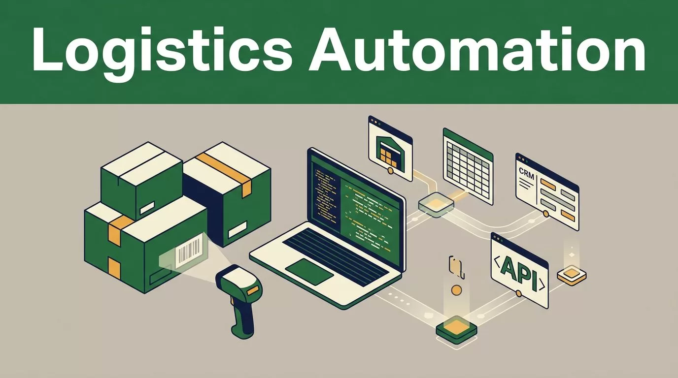 Boxes, a scanner, and laptop connected by data lines beneath a green Logistics Automation header.