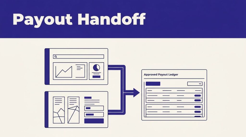 Finance panels connect to an approved payout ledger beneath a Payout Handoff header.