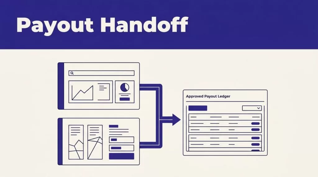 Finance panels connect to an approved payout ledger beneath a Payout Handoff header.