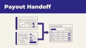 Finance panels connect to an approved payout ledger beneath a Payout Handoff header.