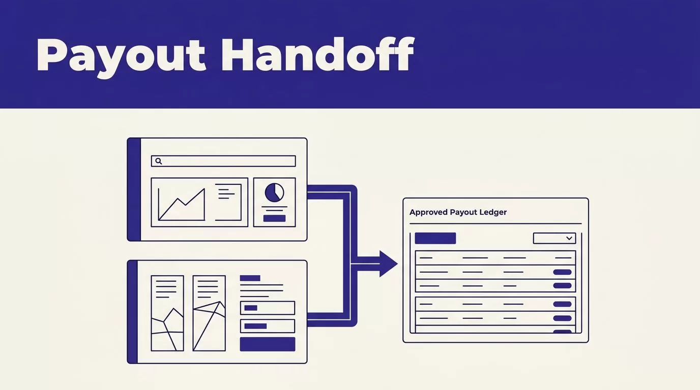 Finance panels connect to an approved payout ledger beneath a Payout Handoff header.