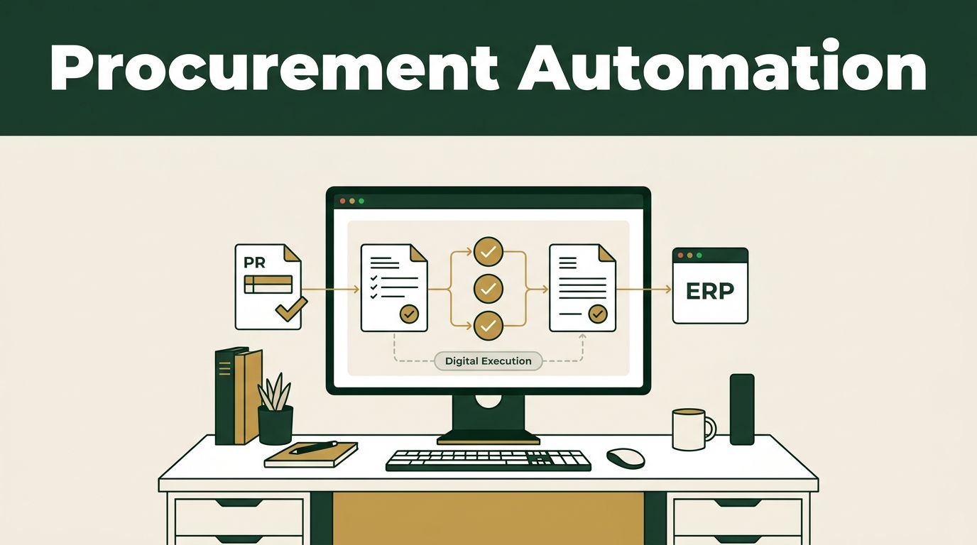 Procurement dashboard linking requests, approvals, invoices, and an ERP system.