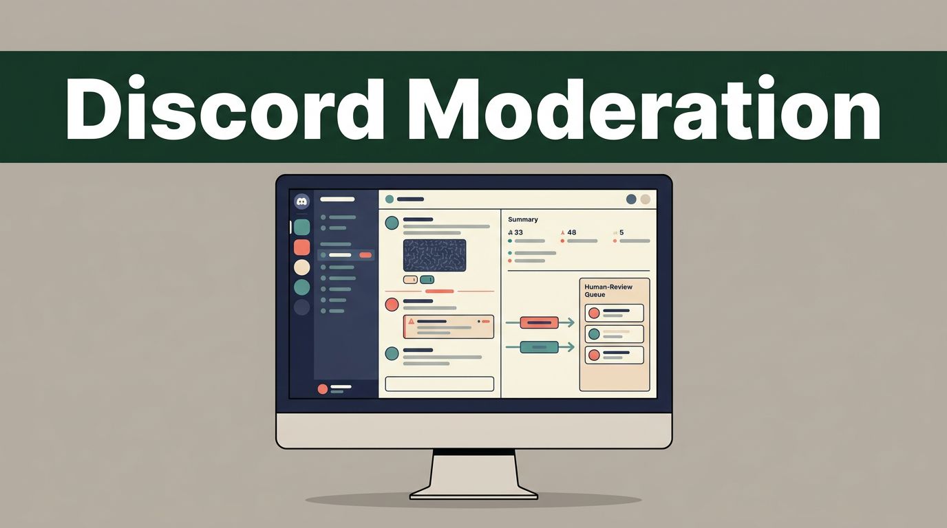 Monitor displaying a community dashboard with moderation alerts and a review queue.
