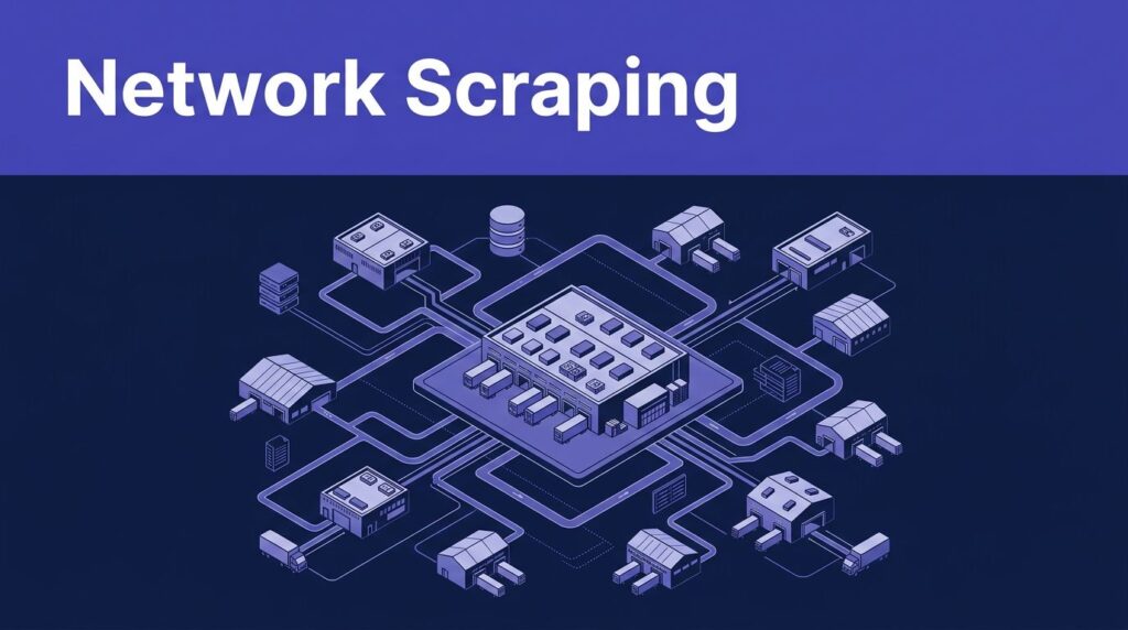 Isometric warehouse hub connected to regional facilities by indigo routes under a Network Scraping headline.